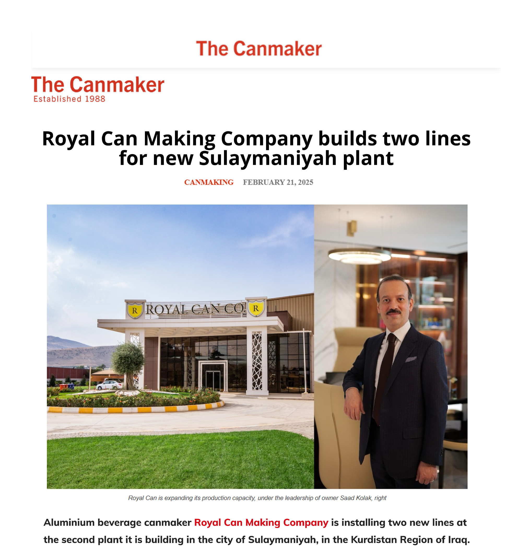 Royal Can Making Company builds two lines for new Sulaymaniyah plant